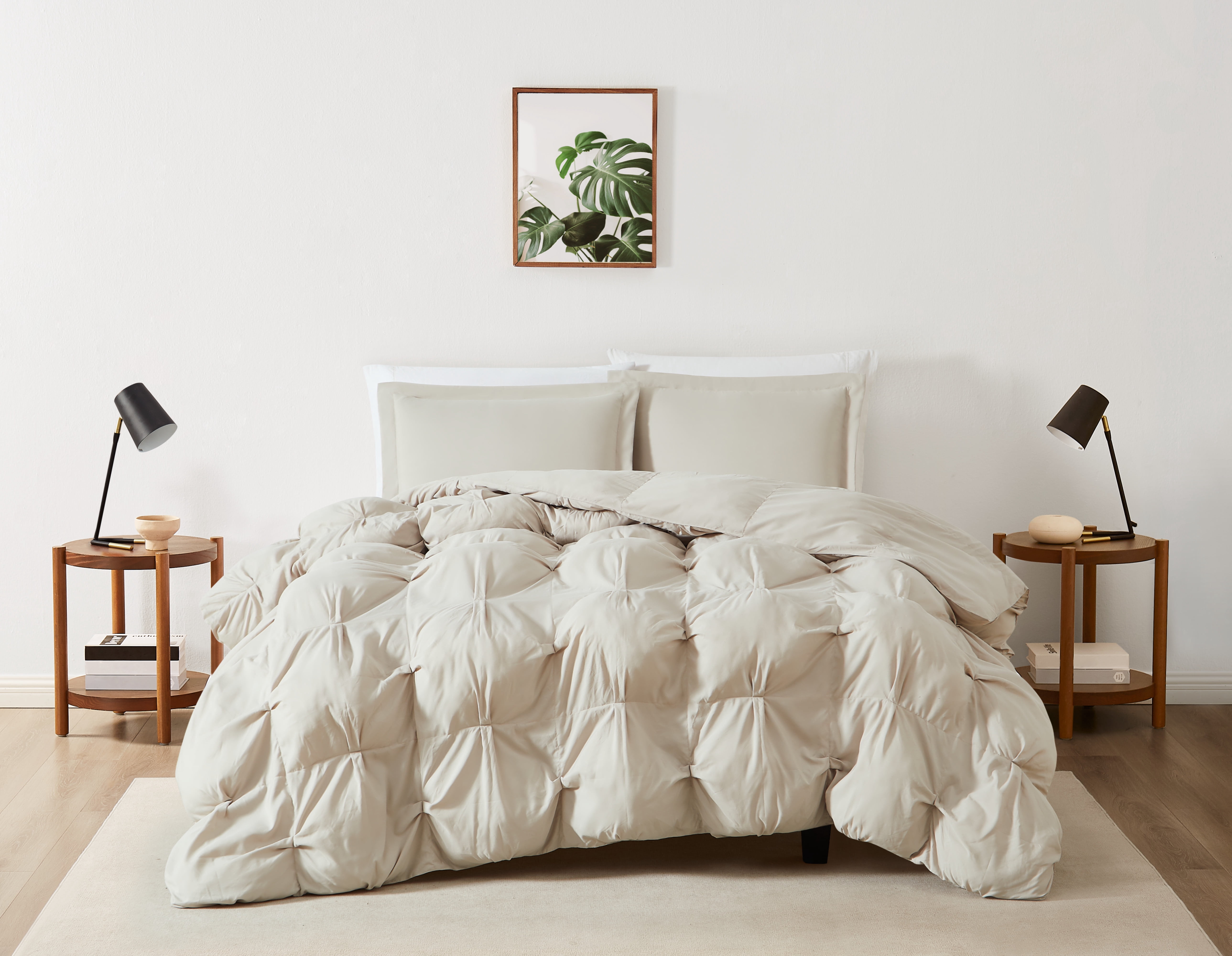 Truly Soft Cloud Puffer Boxed Pleat 100% Microfiber Polyester Beige 3-Piece Full/Queen Comforter Set, Solid Casual themed, Adult Bedding, OEKO-TEX Certified