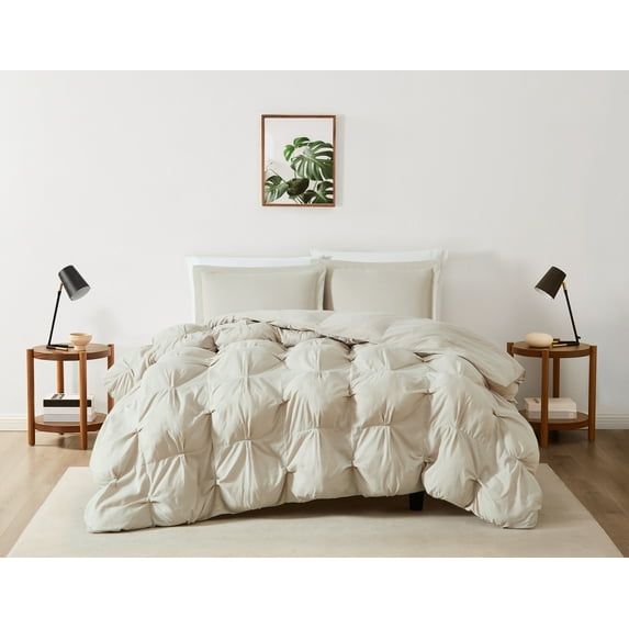 Truly Soft Cloud Puffer Boxed Pleat 100% Microfiber Polyester Beige 3-Piece Full/Queen Comforter Set, Solid Casual themed, Adult Bedding, OEKO-TEX Certified