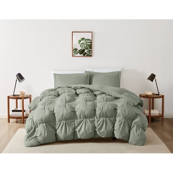 Truly Soft Cloud Puffer Boxed Pleat 100% Microfiber Polyester Green 3-Piece Full/Queen Comforter Set, Solid Casual themed, Adult Bedding, OEKO-TEX Certified