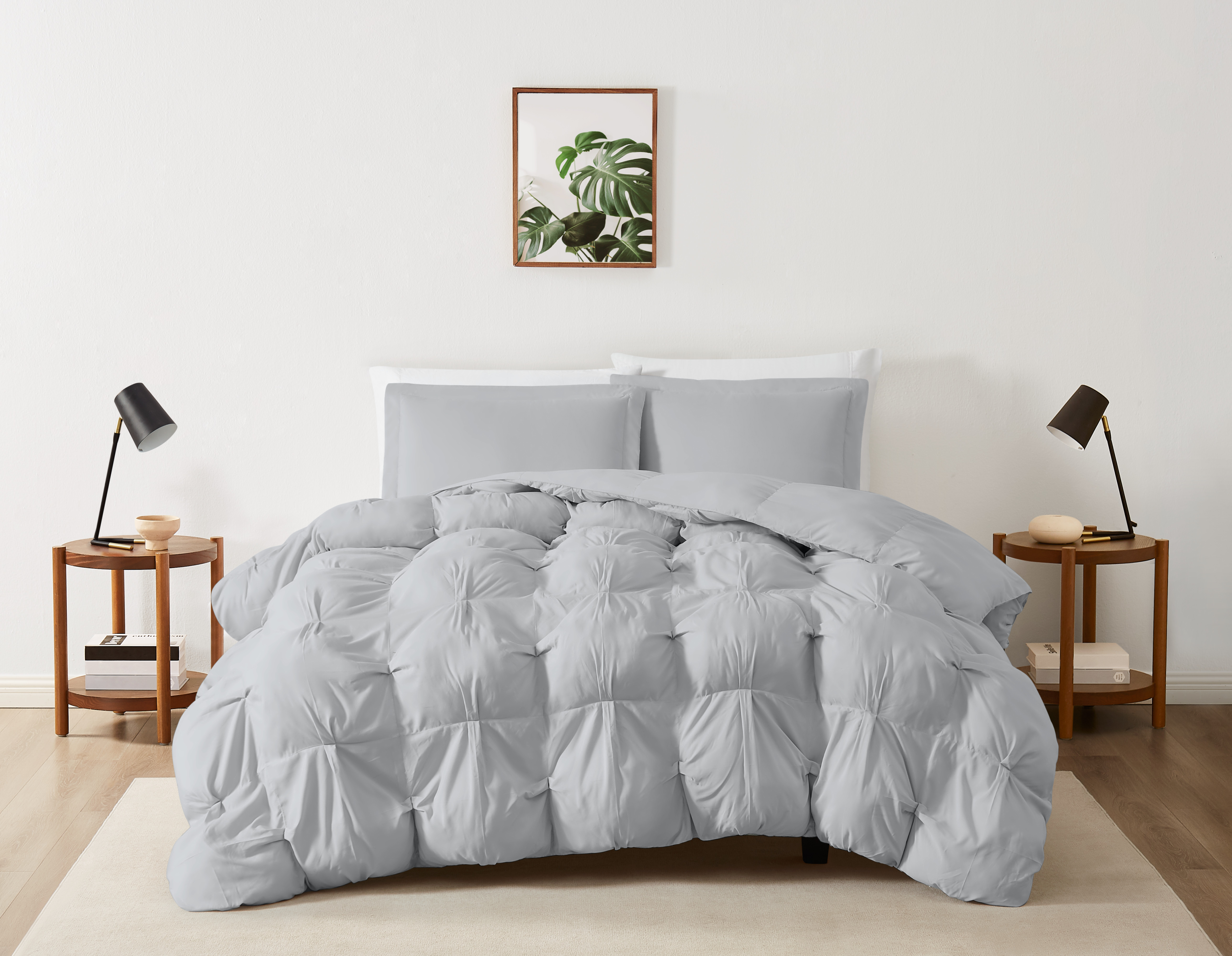 Truly Soft Cloud Puffer Boxed Pleat 100% Microfiber Polyester Grey 3-Piece Full/Queen Comforter Set, Solid Casual themed, Adult Bedding, OEKO-TEX Certified