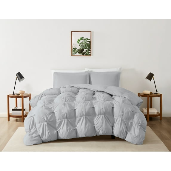 Truly Soft Cloud Puffer Boxed Pleat 100% Microfiber Polyester Grey 3-Piece Full/Queen Comforter Set, Solid Casual themed, Adult Bedding, OEKO-TEX Certified
