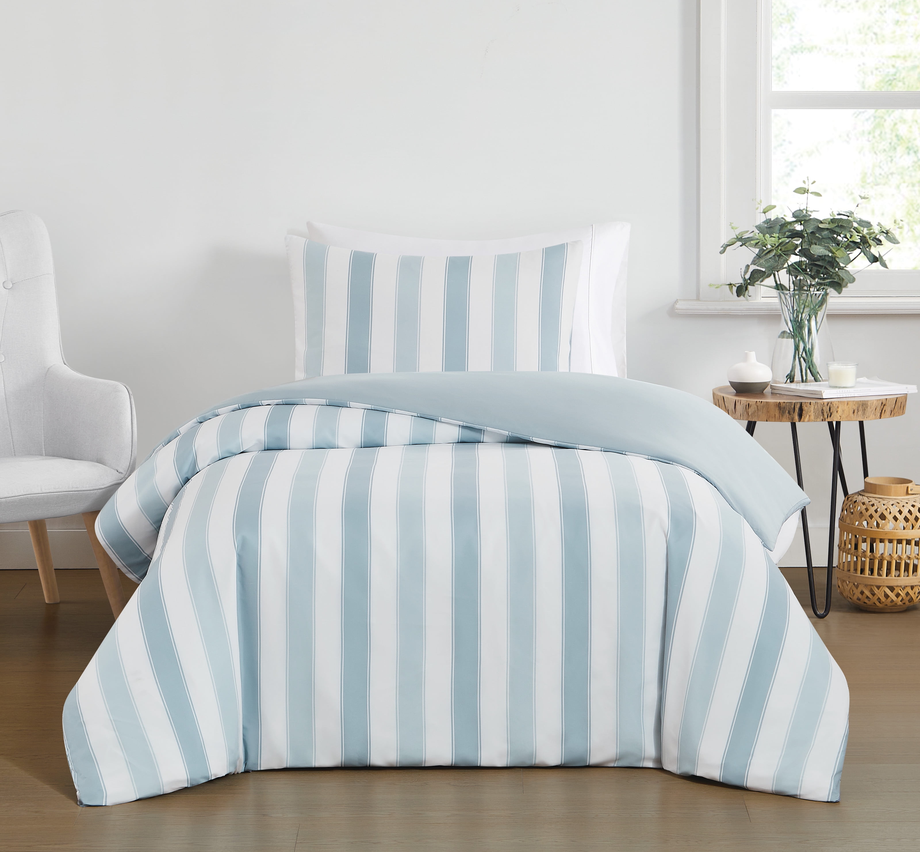 Twin Blue and White Striped Microfiber Comforter Set