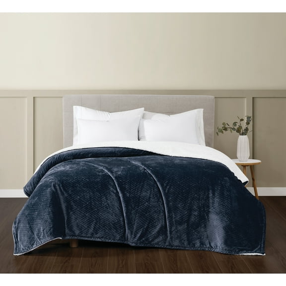 TRULY SOFT Basket Carved Faux Fur Indigo Twin Blanket, Textured Solid Color, Adult Bedding, Oeko-TEX Certified