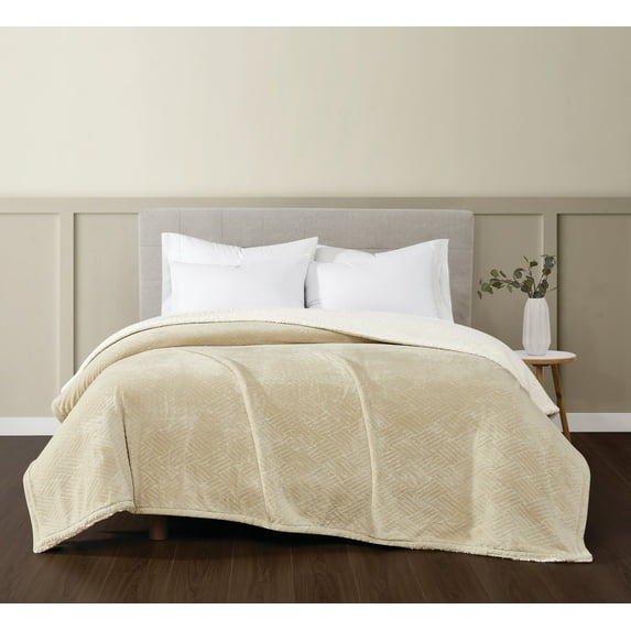 TRULY SOFT Basket Carved Faux Fur Tan Twin Blanket, Textured Solid Color, Adult Bedding, Oeko-TEX Certified