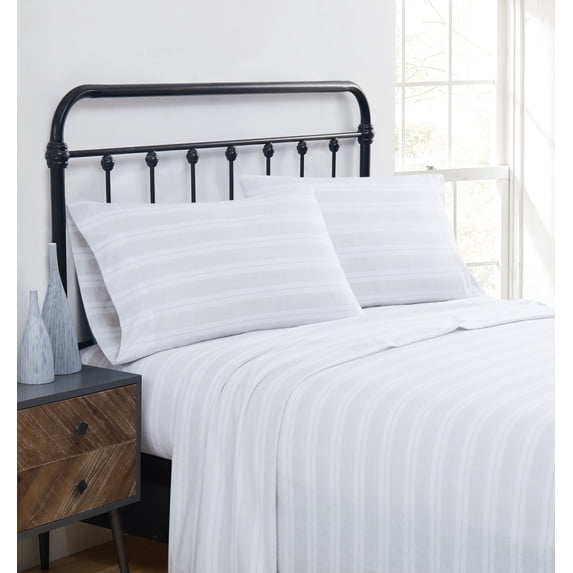 Truly Soft Bryce Stripe Flannel White and Grey Cotton 4-Piece King Sheet Set, stripes themed, for Men and Women, OEKO-TEX Certified Confidence