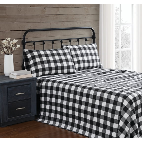 Truly Soft Buffalo Check Flannel 4-Piece Queen Sheet Set in White and Black, Cotton , Adult, All Season, OEKO-TEX Certified