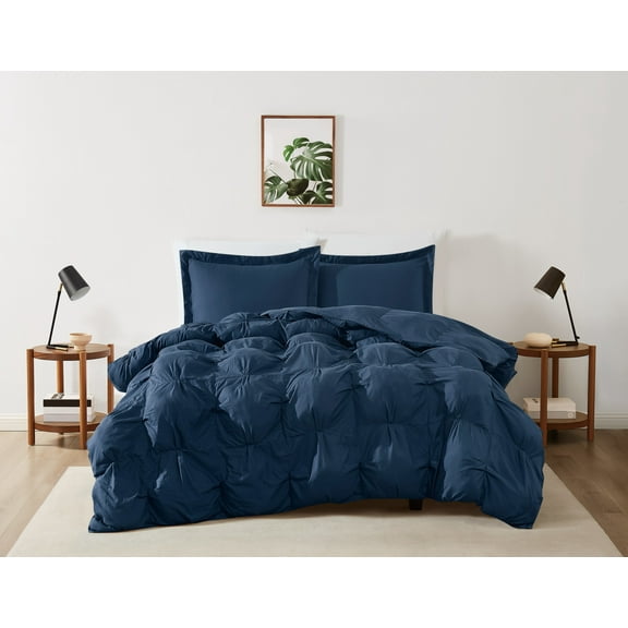 Truly Soft Cloud Puffer Boxed Pleat 100% Microfiber Polyester Dark Blue 3-Piece Full/Queen Comforter Set, Solid Casual themed, Adult Bedding, OEKO-TEX Certified