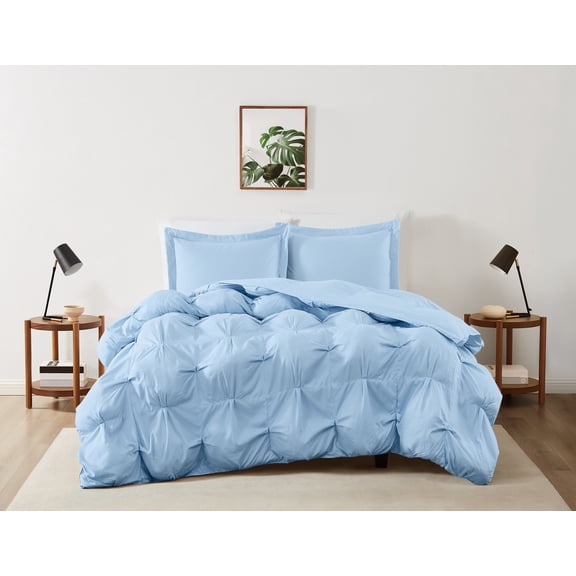 Truly Soft Cloud Puffer Boxed Pleat 100% Microfiber Polyester Sky Blue 3-Piece King Comforter Set, Solid Casual themed, Adult Bedding, OEKO-TEX Certified