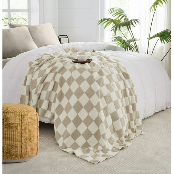 Truly Soft Cozy Checkerboard Reversible 100% Microfiber Polyester  50x70 Throw Blanket in Off-White/Beige, All Season, Adult Size, OEKO-TEX Certified