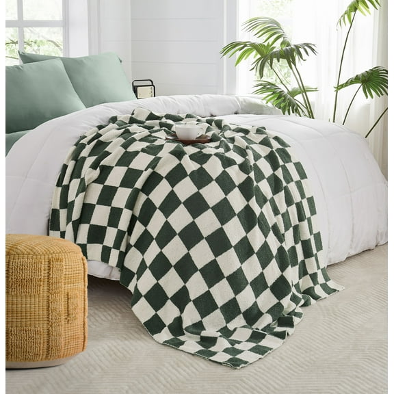 Truly Soft Cozy Checkerboard Reversible 100% Microfiber Polyester  50x70 Throw Blanket in Off-White/Green, All Season, Adult Size, OEKO-TEX Certified