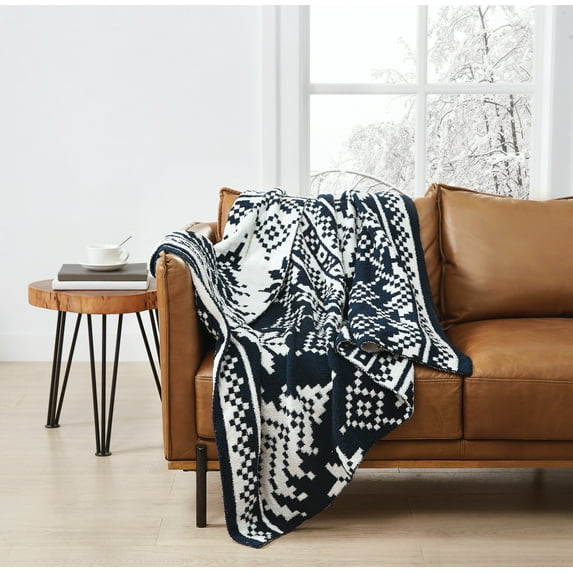 Truly Soft Cozy Fair Isle 100% Microfiber Polyester  50x70 Throw Blanket in White and Navy, All Season, Adult Size, OEKO-TEX Certified