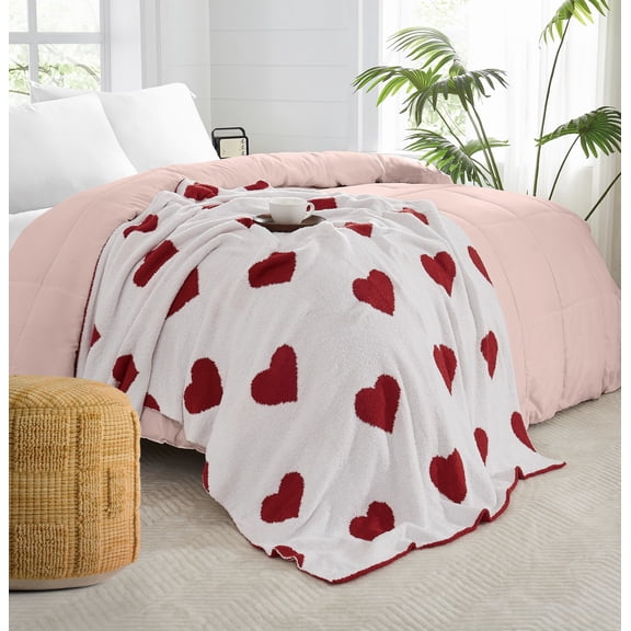 Truly Soft Cozy Hearts Reversible 100% Microfiber Polyester  50x70 Throw Blanket in White/Red, All Season, Adult Size, OEKO-TEX Certified