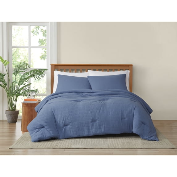 TRULY SOFT Crinkle Garment Wash Blue King 3 Piece Comforter Set, Solid Color Themed, Oeko-TEX Certified Confidence