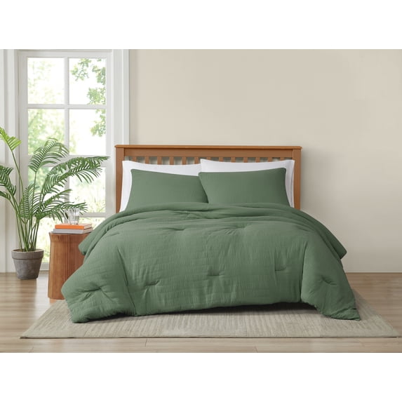 TRULY SOFT Crinkle Garment Wash Green Twin/Twin XL 2 Piece Comforter Set, Solid Color Themed, Oeko-TEX Certified Confidence