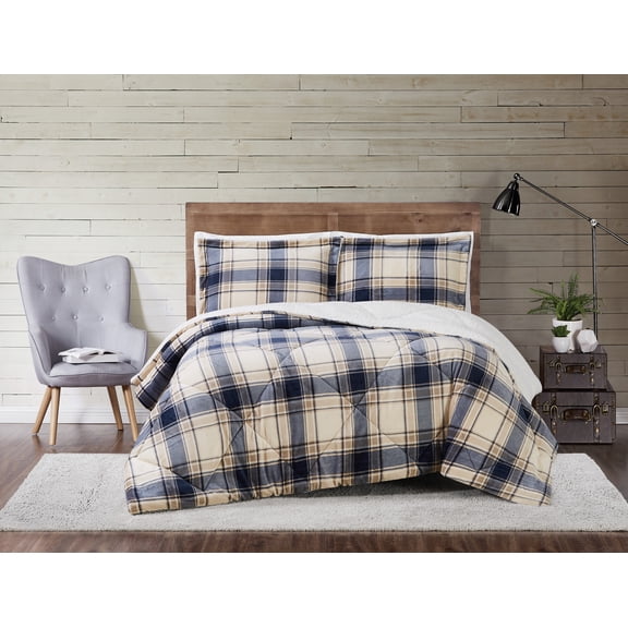 Truly Soft Cuddle Warmth 100% Microfiber Polyester 2 Piece Twin XL Comforter Set in Blue and Cream Plaid, All Season, Adult Size, OEKO-TEX Certified
