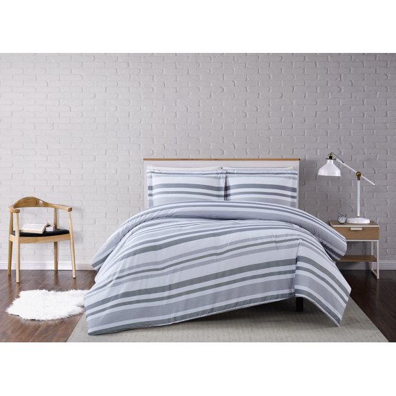 Truly Soft Curtis Stripe 3-Piece Full/Queen Comforter Set in White and Grey, Polyester , Adult, All Season, OEKO-TEX Certified