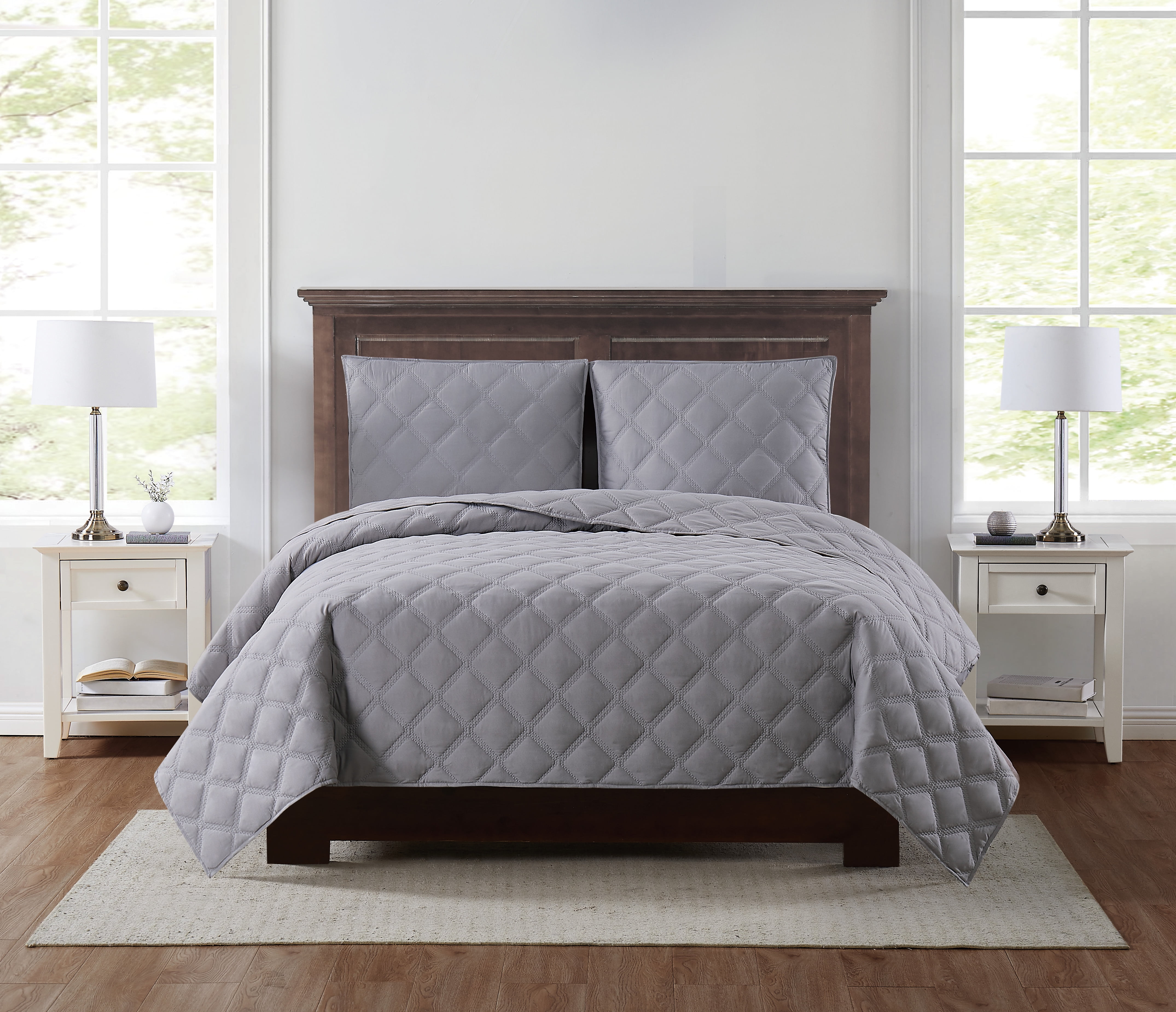 Truly Soft Everyday 3D Puff Quilted Grey King 3 Piece Quilt Set