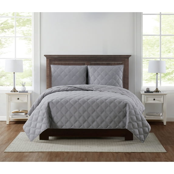 Truly Soft Everyday 3D Puff Quilted Grey King 3 Piece Quilt Set