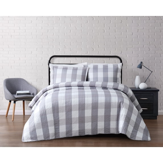 Truly Soft Everyday Buffalo Plaid 100% Microfiber Polyester 3 Piece King Quilt Set in Gray, All Season, Adult Size, OEKO-TEX Certified