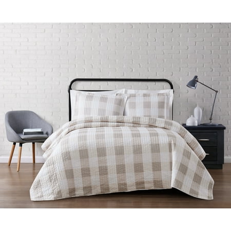 Truly Soft Everyday Buffalo Plaid 100% Microfiber Polyester 2 Piece Twin XL Quilt Set in Khaki, All Season, Adult Size, OEKO-TEX Certified