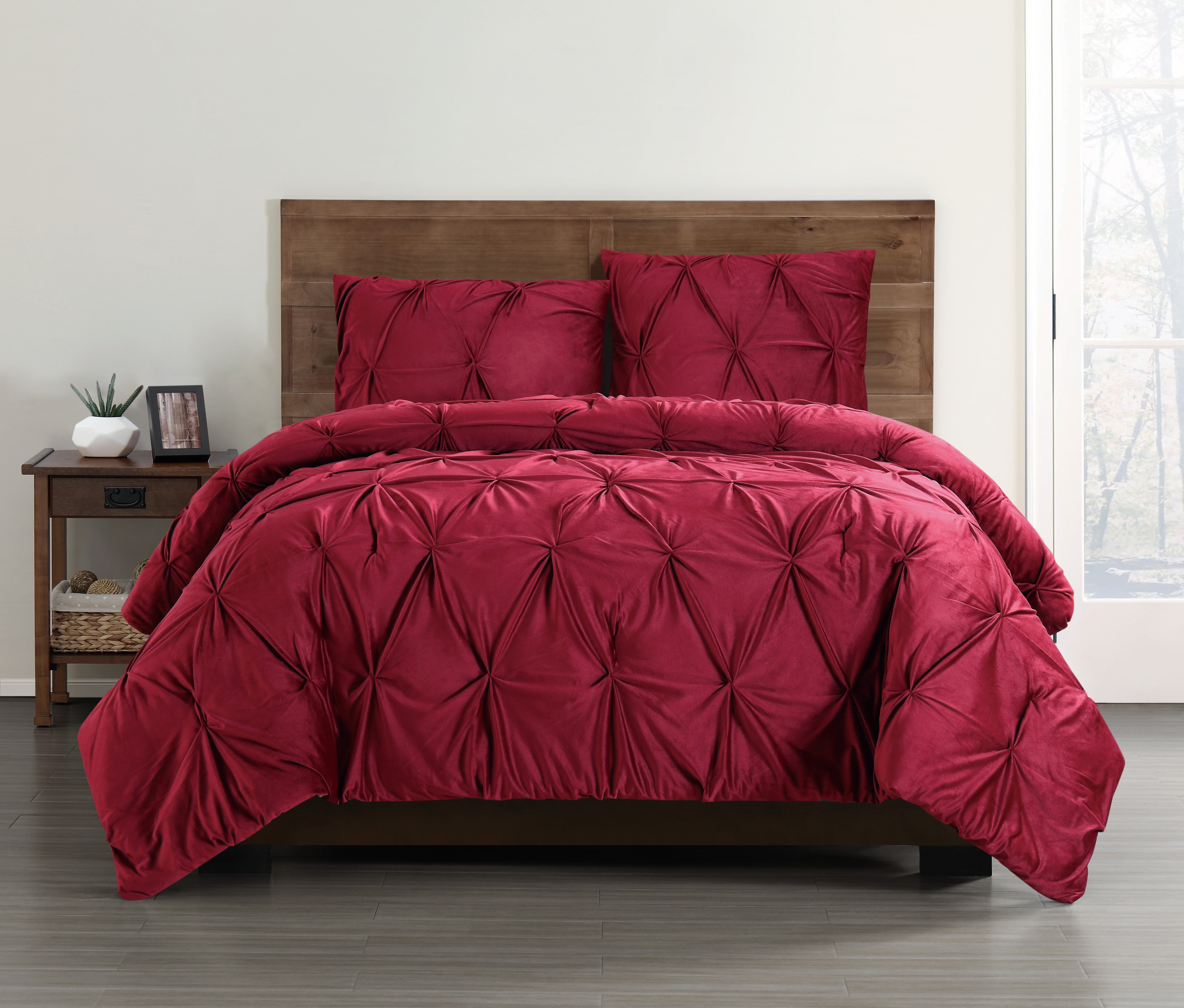 Truly Soft Everyday Pleated Velvet Duvet Sets Red Full / Queen Duvet