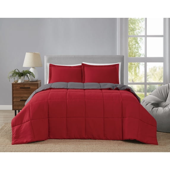 Truly Soft Everyday Reversible 100% Microfiber Polyester Red/Dark Grey 2-Piece Twin XL Comforter Set, Solid Casual themed, Adult Bedding, OEKO-TEX Certified