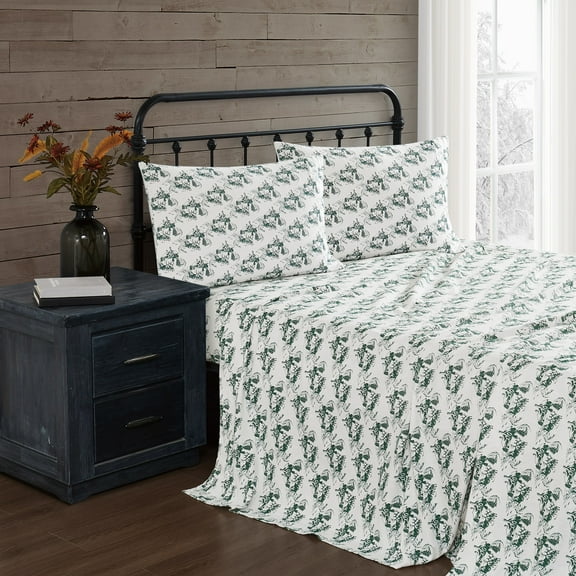 Truly Soft Festive Cottage Toile Cotton Flannel 4-Piece Full Sheet Set in White and Green, Cotton , Adult, All Season, OEKO-TEX Certified