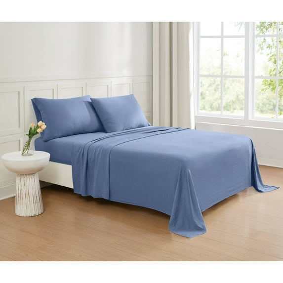 Truly Soft Garment Wash Solid Blue King 4 Piece Sheet Set