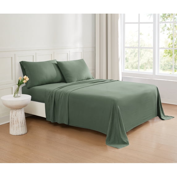 Truly Soft Garment Washed 100% Microfiber Polyester Green 4-Piece Full Deep Pocket Sheet Set, Solid Color Themed, Oeko-TEX Certified Confidence