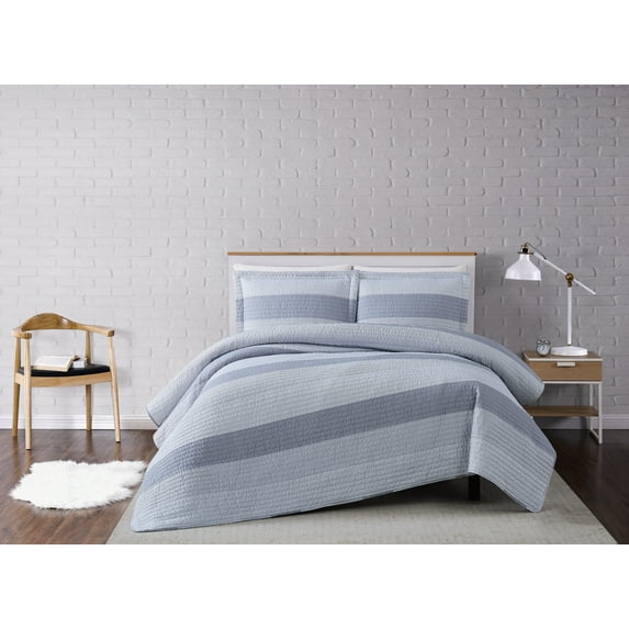 Truly Soft Multi Stripe Grey Polyester 3-Piece Full/Queen Quilt Set, stripe themed, for Men and Women, OEKO-TEX Certified Confidence