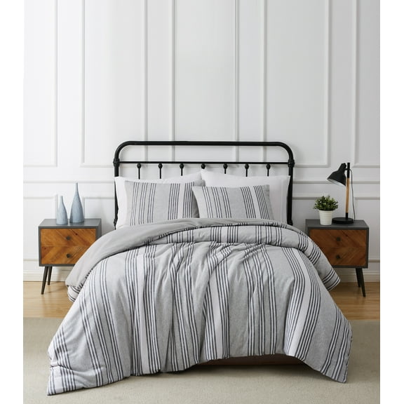 Truly Soft Kiel Stripe Flannel Grey Cotton 3-Piece Full/Queen Comforter Set, stripes themed, for Men and Women, OEKO-TEX Certified Confidence