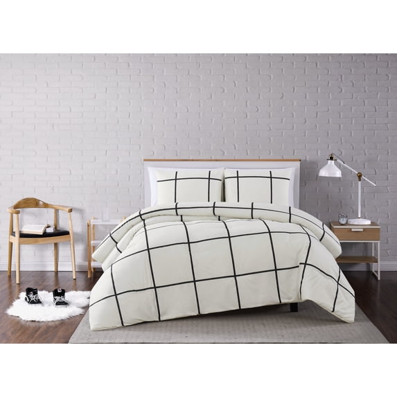 Truly Soft Kurt Windowpane 100% Microfiber Polyester 3 Piece Full/Queen Comforter Set in Ivory and Black, All Season, Adult Size, OEKO-TEX Certified
