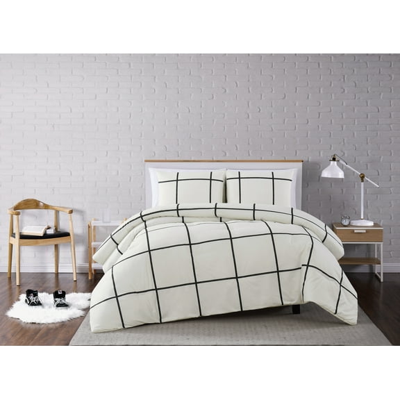 Truly Soft Kurt Windowpane 100% Microfiber Polyester  3 Piece Full/Queen Comforter Set in Ivory and Black, All Season, Adult Size, OEKO-TEX Certified