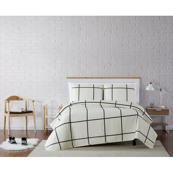 Truly Soft Kurt Windowpane Ivory and Black Polyester 3-Piece Full/Queen Quilt Set, geometric themed, for Men and Women, OEKO-TEX Certified Confidence