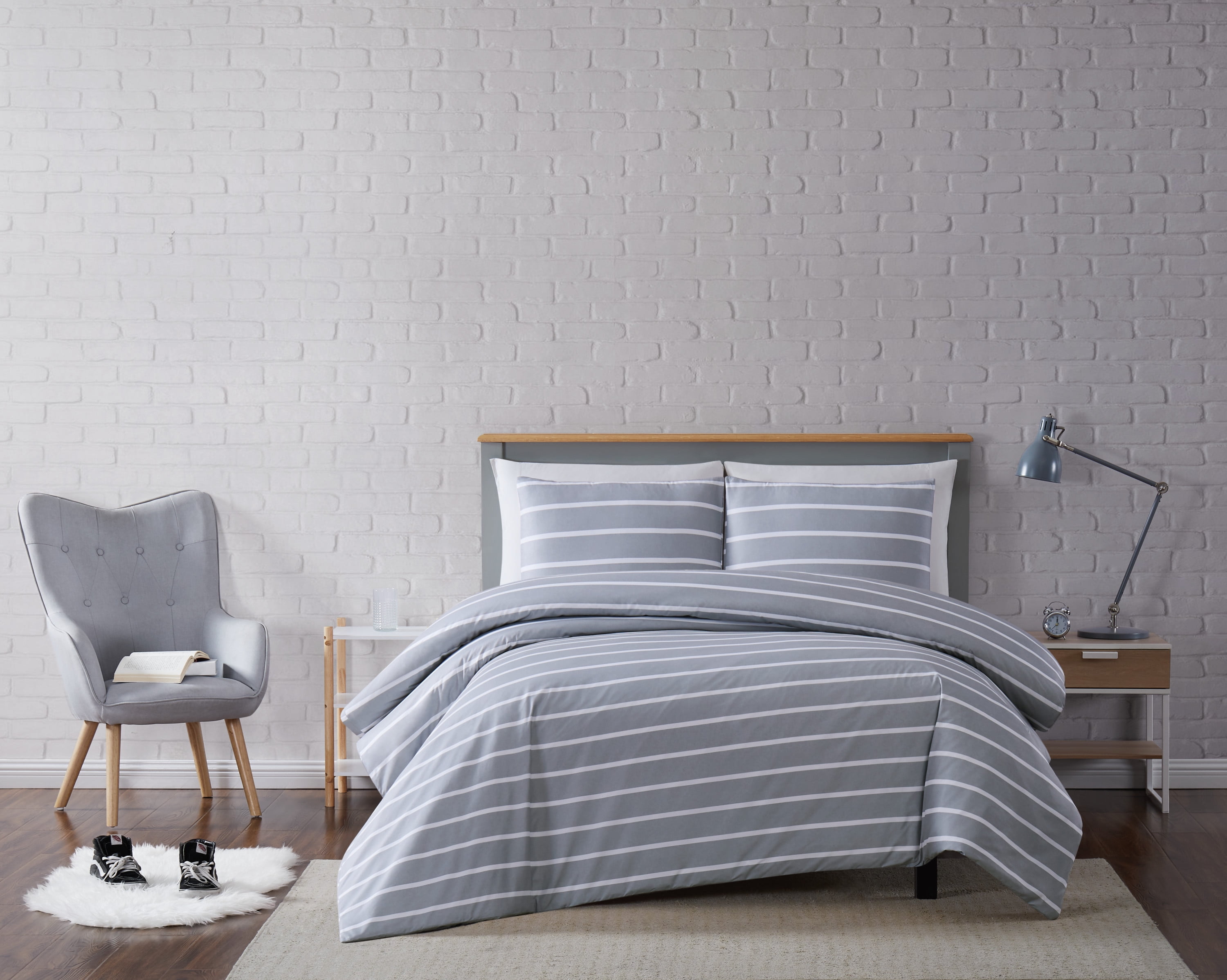 Gray Full/Queen Microfiber Modern Stripe Duvet Cover Set