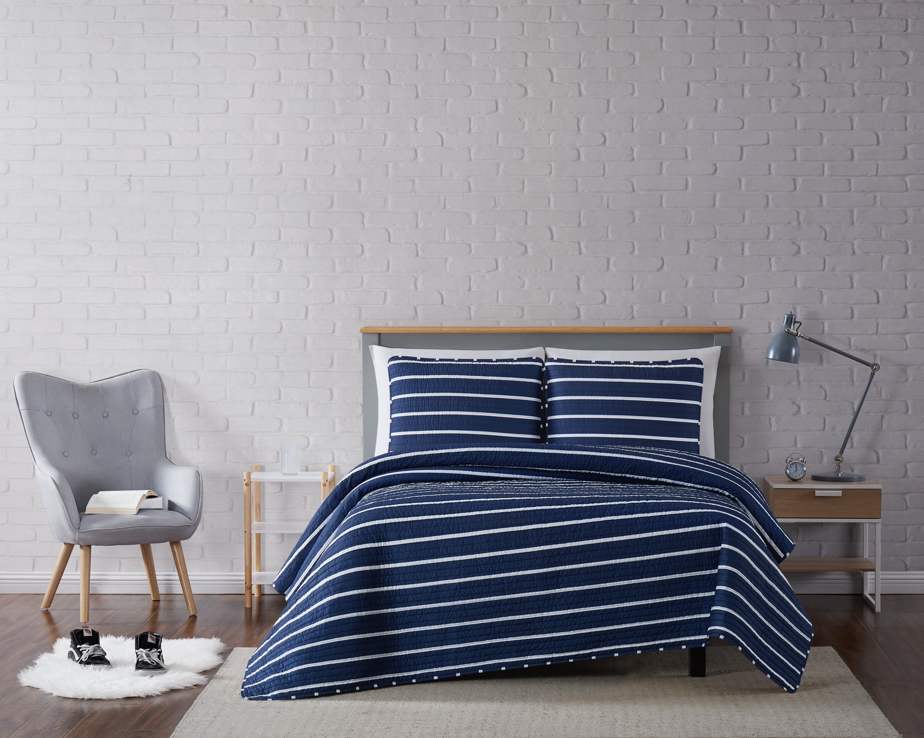 Navy and White Striped Microfiber Full Quilt Set