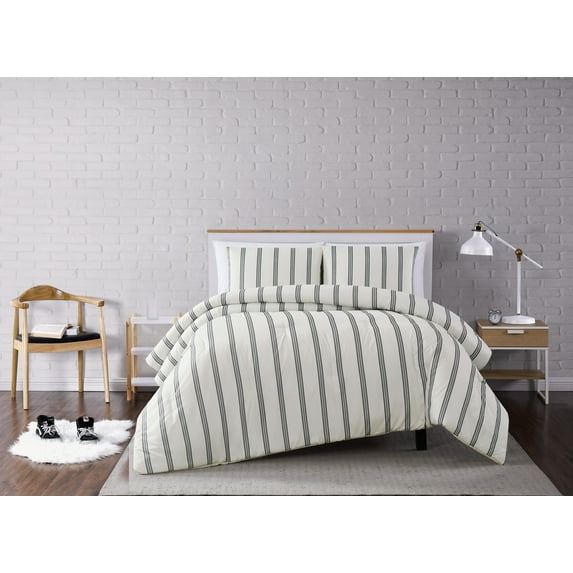 Truly Soft Millenial Stripe Ivory and Black Polyester 3-Piece King Comforter Set, stripe themed, for Men and Women, OEKO-TEX Certified Confidence