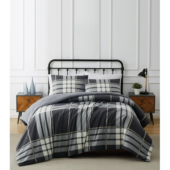 Truly Soft Milo Plaid Flannel 3-Piece Full/Queen Comforter Set in Grey, Cotton , Adult, All Season, OEKO-TEX Certified