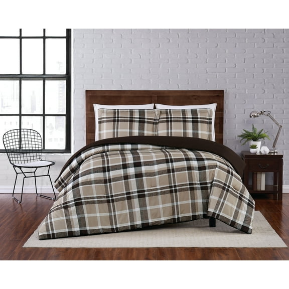 Truly Soft Paulette Plaid 100% Microfiber Polyester  3 Piece Full/Queen Comforter Set in Taupe, All Season, Adult Size, OEKO-TEX Certified