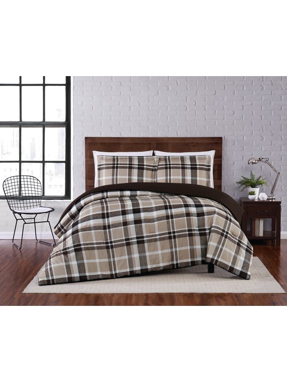 Paulette Plaid 100% Microfiber Polyester 3 Piece Full/Queen Comforter Set in Taupe, All Season, Adult Size, OEKO-TEX Certified