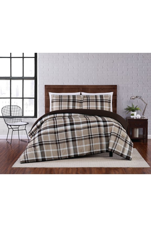Paulette Plaid Taupe Polyester 3-Piece King Comforter Set, plaid themed, for Men and Women, OEKO-TEX Certified Confidence