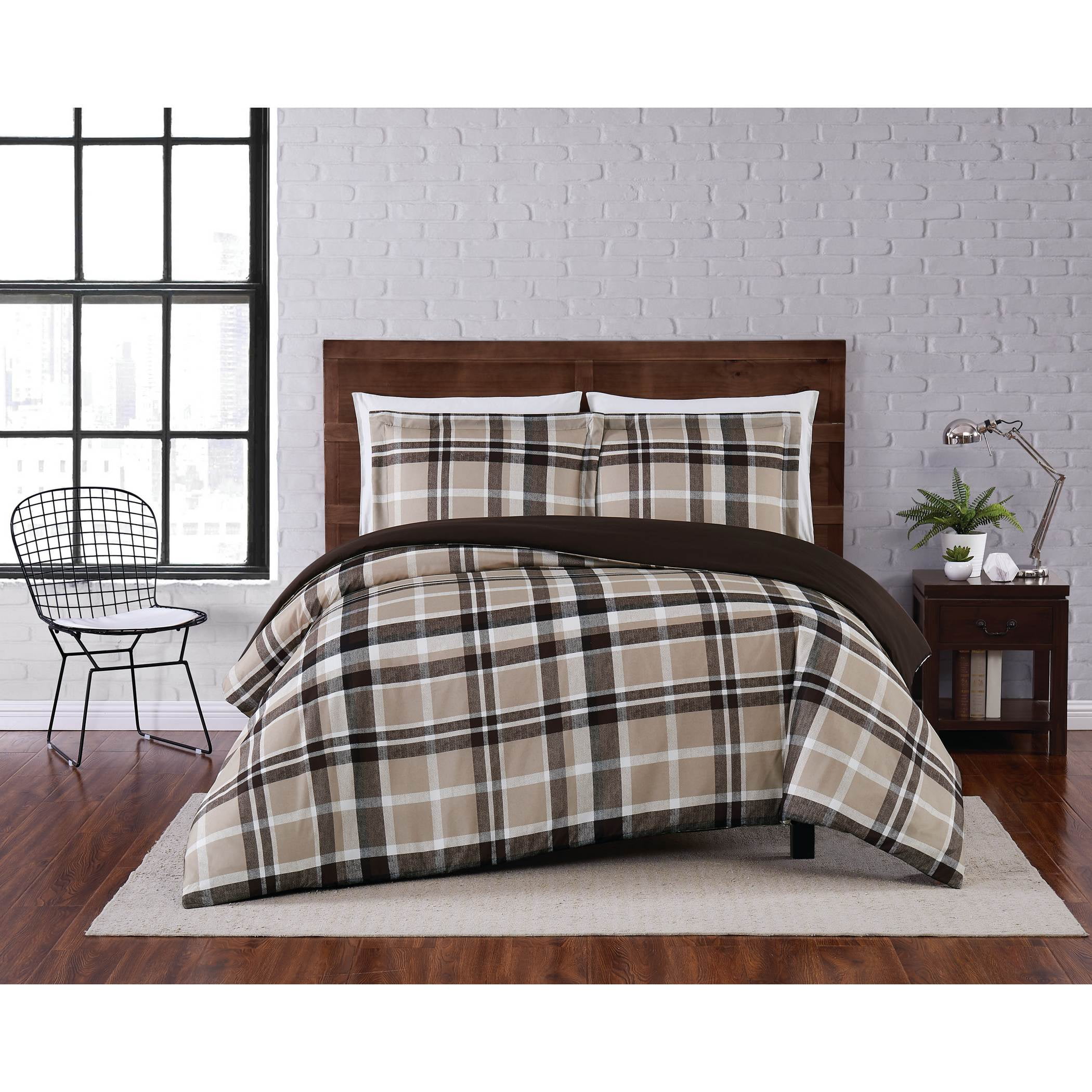 King Size Taupe Plaid Microfiber Duvet Cover Set