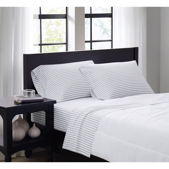 Truly Soft Pinstripe White and Grey Polyester 4-Piece King Sheet Set, stripe themed, for Men and Women, OEKO-TEX Certified Confidence