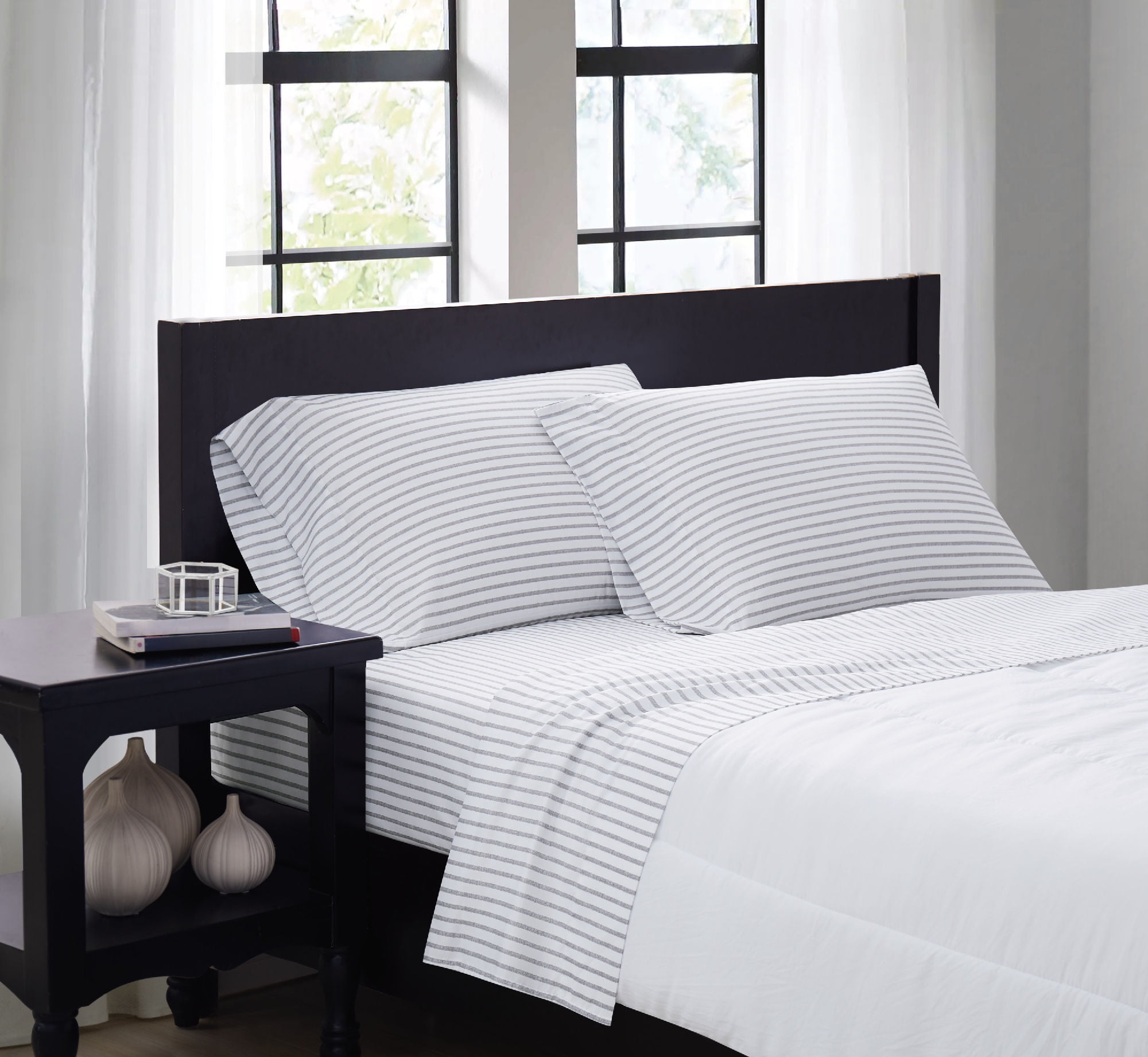 Twin White and Grey Pinstripe Microfiber Sheet Set