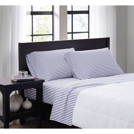 Truly Soft Pinstripe White and Navy Polyester 4-Piece Full Sheet Set, stripe themed, for Men and Women, OEKO-TEX Certified Confidence