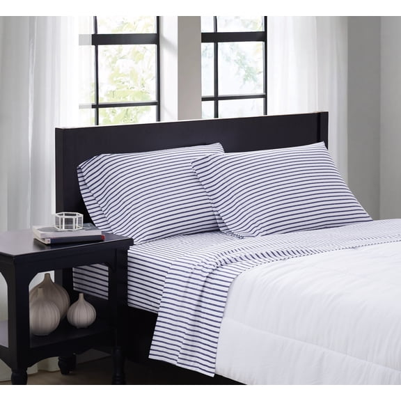 Truly Soft Pinstripe White and Navy Polyester 4-Piece Full Sheet Set, stripe themed, for Men and Women, OEKO-TEX Certified Confidence
