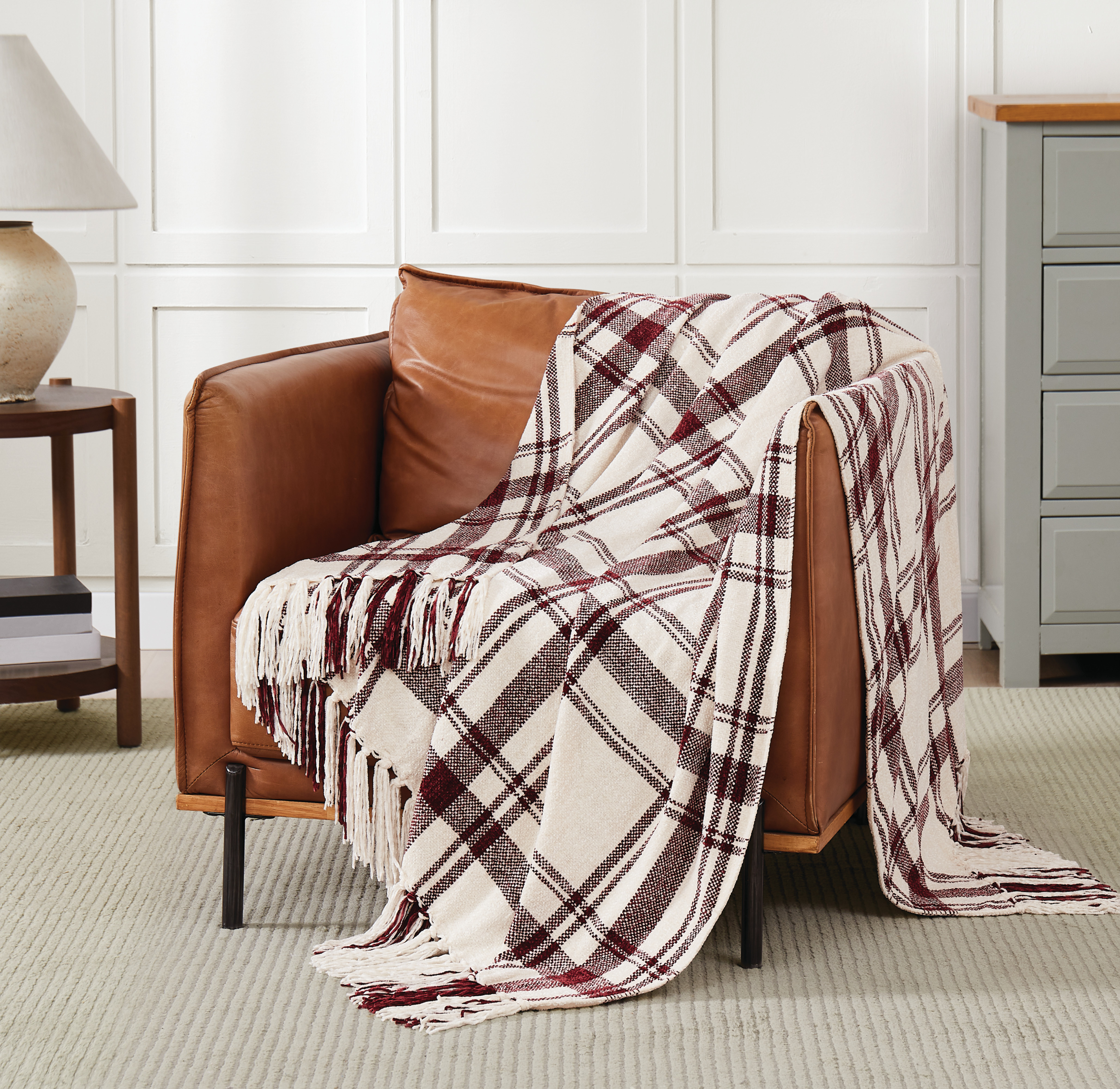TRULY SOFT Plaid Chenille Throw Blanket - 50"x70", Burgundy/Ivory, OEKO-TEX Certified