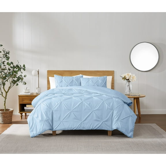 Truly Soft Pleated Texture 100% Microfiber Polyester Sky Blue 3-Piece King Comforter Set, Solid Casual themed, Adult Bedding, OEKO-TEX Certified