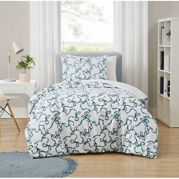 Truly Soft Printed Bow Microfiber 100% Microfiber Polyester  2 Piece Twin Comforter Set in White and Blue, All Season, Adult Size, OEKO-TEX Certified