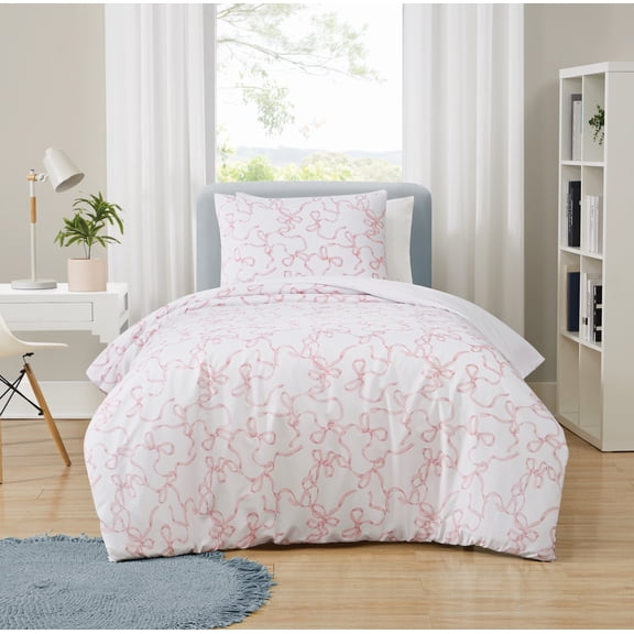 Truly Soft Printed Bow Microfiber 100% Microfiber Polyester 2 Piece Twin Comforter Set in White and Pink, All Season, Adult Size, OEKO-TEX Certified